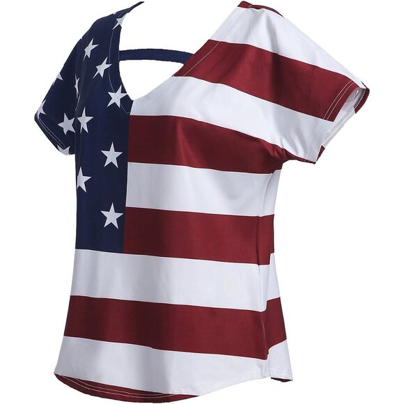 Womens V-Neck American Flag Short Sleeve Tee Plus Size Casual Tops - Picture 3 of 5